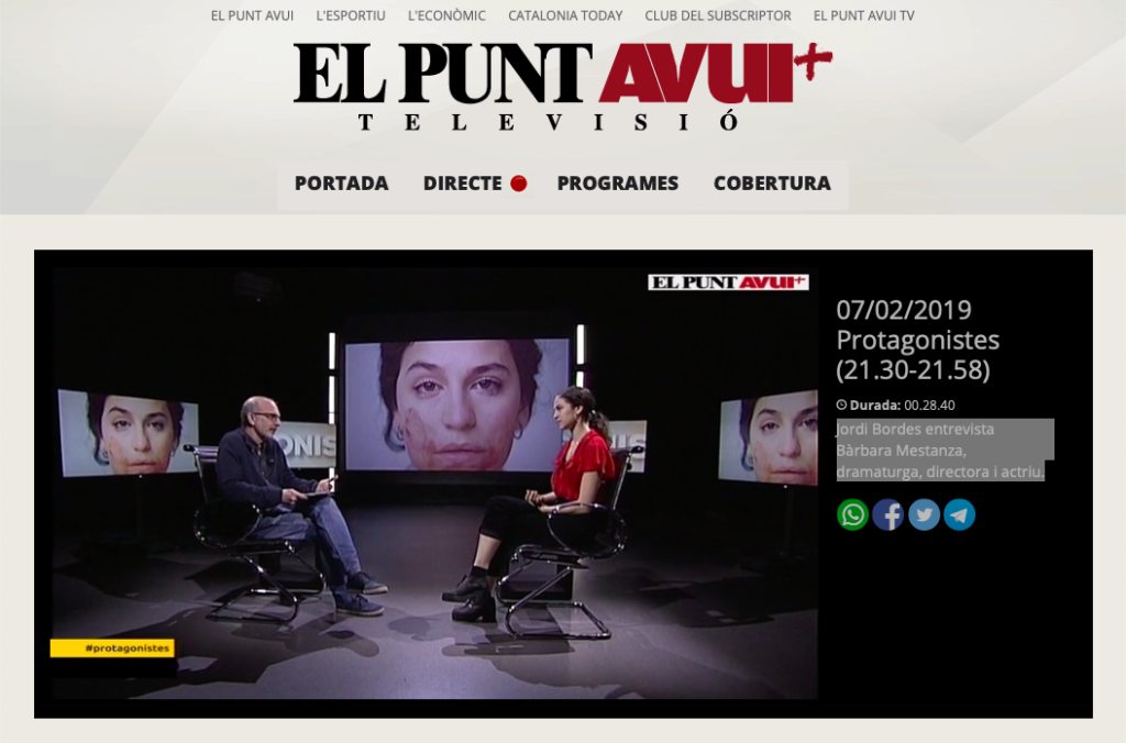 Jordi Bordes entrevista a Bàrbara Mestanza, dramaturga, directora y actriz en El Punt Avui Televisió.